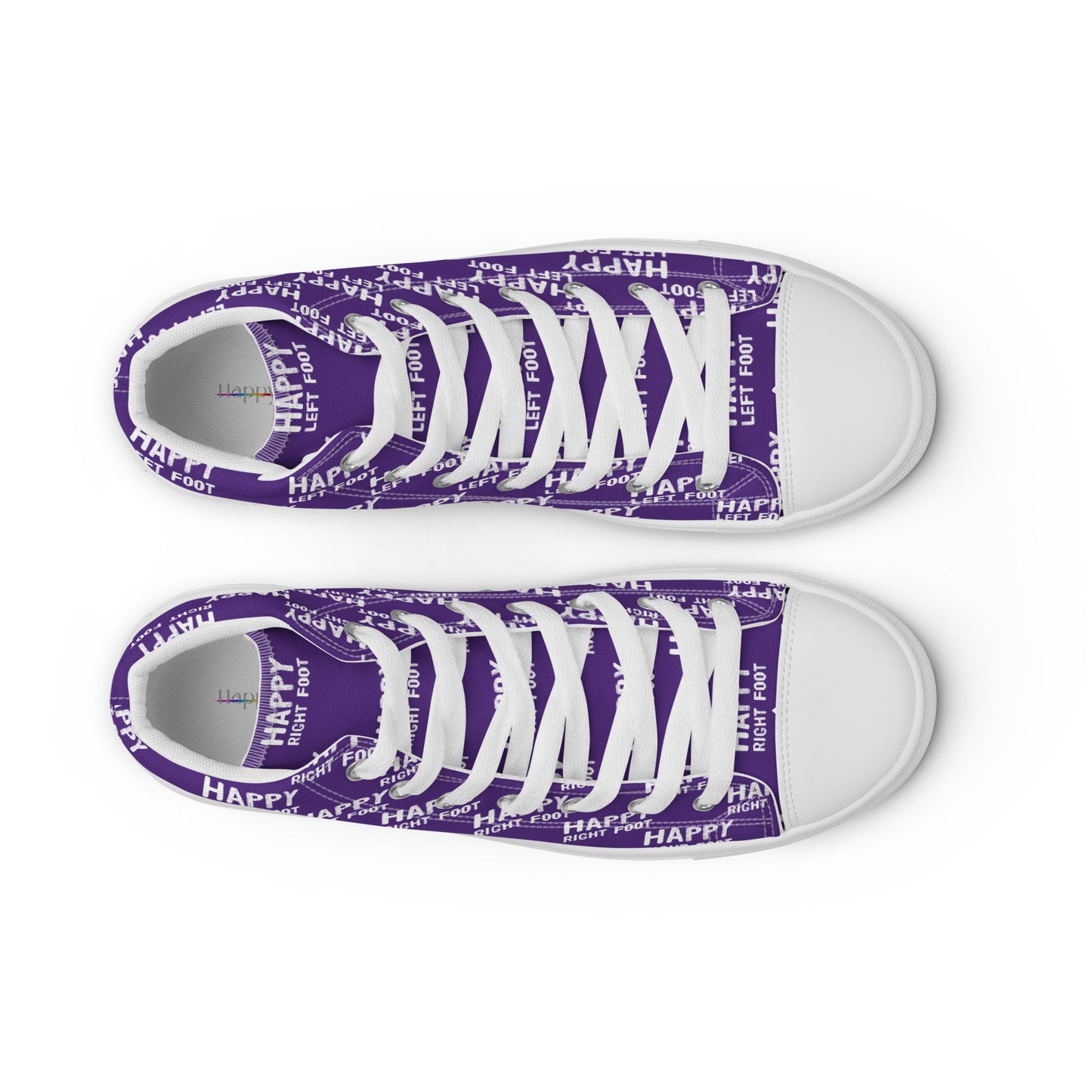 HappyStuff womens purple high tops top view faux leather toe cap laced Happy Left Foot Happy Right Foot Pattern Print on relevant shoe