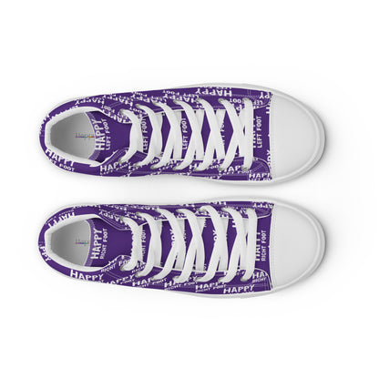 HappyStuff womens purple high tops top view faux leather toe cap laced Happy Left Foot Happy Right Foot Pattern Print on relevant shoe