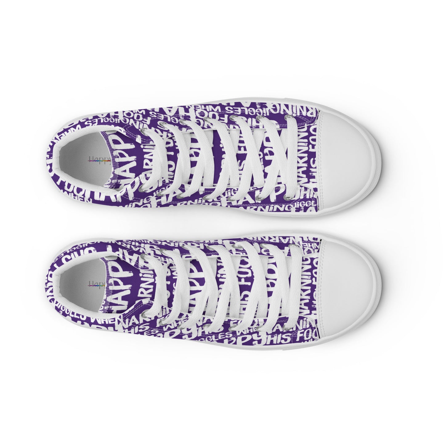 HappyStuff womens purple high tops with playful white print Warning This Foot Jiggles When Happy top view laces faux leather toe cap