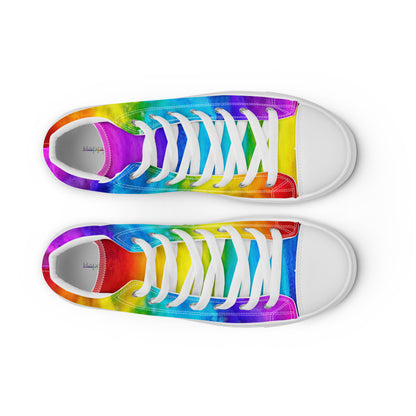 HappyStuff rainbow shoes top view white laces faux leather toe cap fun shoes holi colours printed on white high top sneakers