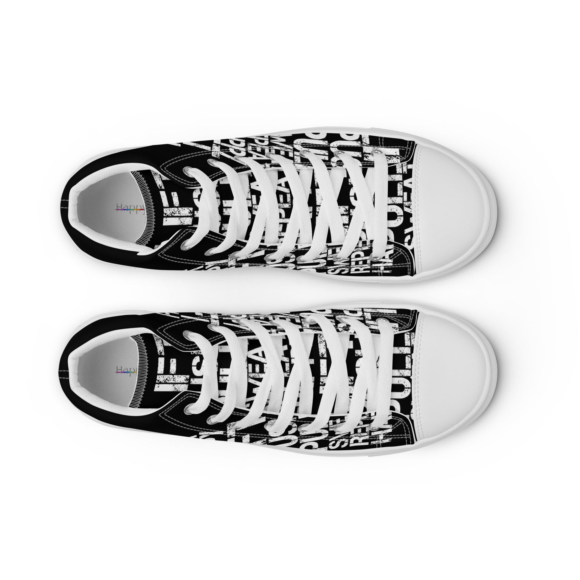 Womens black high tops top view faux leather toe cap laced lift push pull sweat repeat happy distress print gym shoe HappyStuff brand