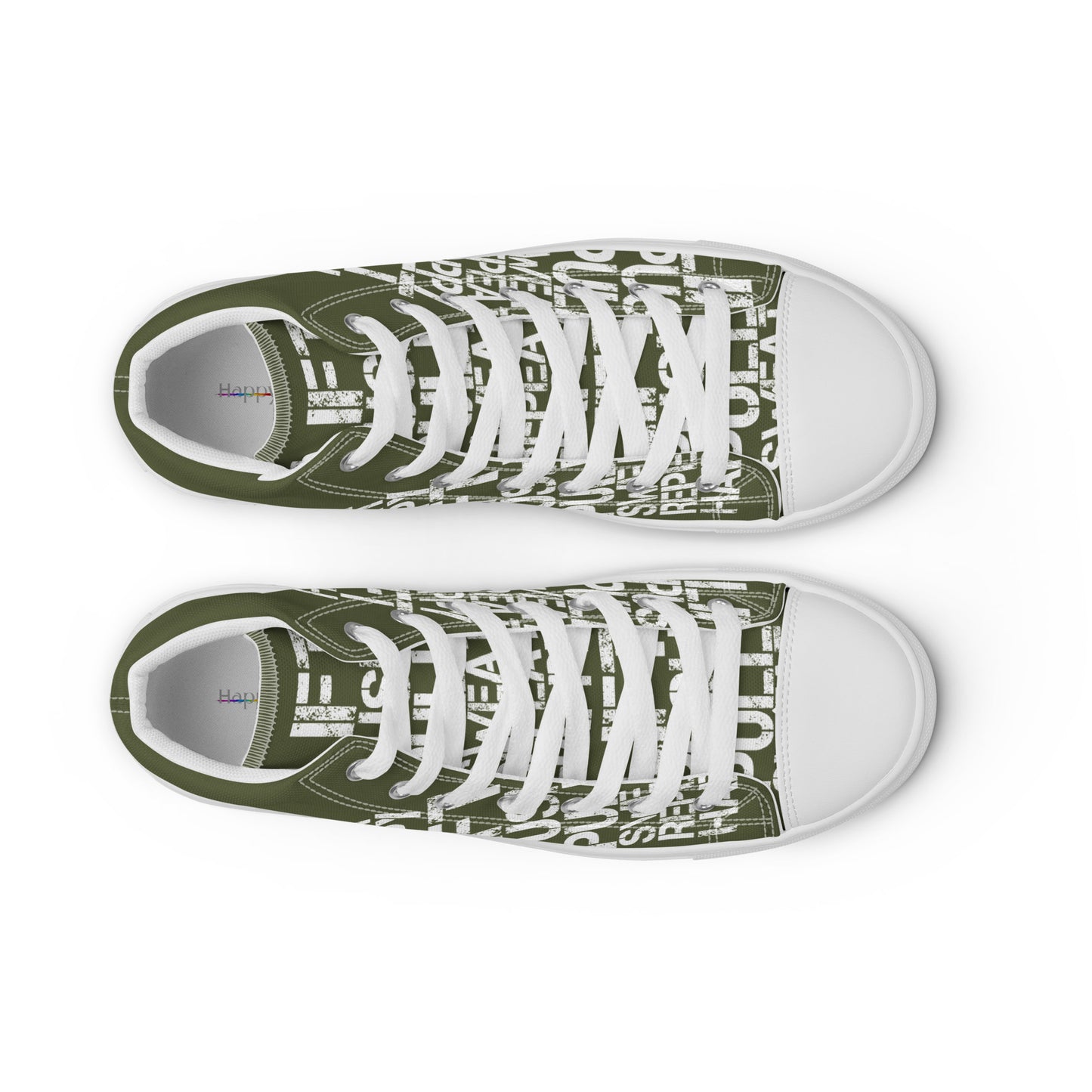 Womens khaki green high tops top view faux leather toe cap laced lift push pull sweat repeat happy distress print gym shoe HappyStuff brand