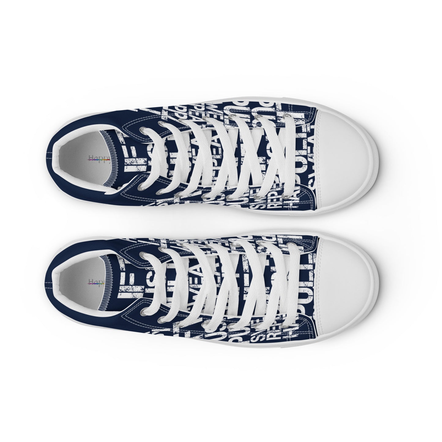 Womens navy blue high tops top view faux leather toe cap laced lift push pull sweat repeat happy distress print gym shoe HappyStuff brand