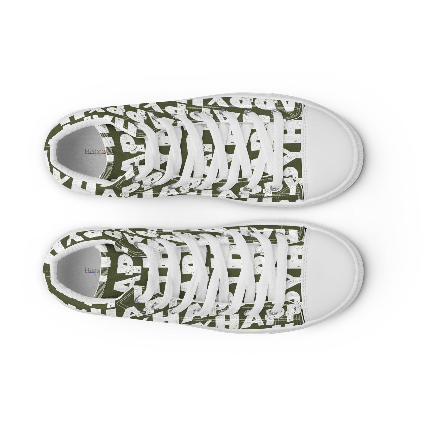 Top view Womens Sneakers khaki green shoes with white Happy Sponge Print High Tops Faux Leather toe cap Fun Shoes HappyStuff brand