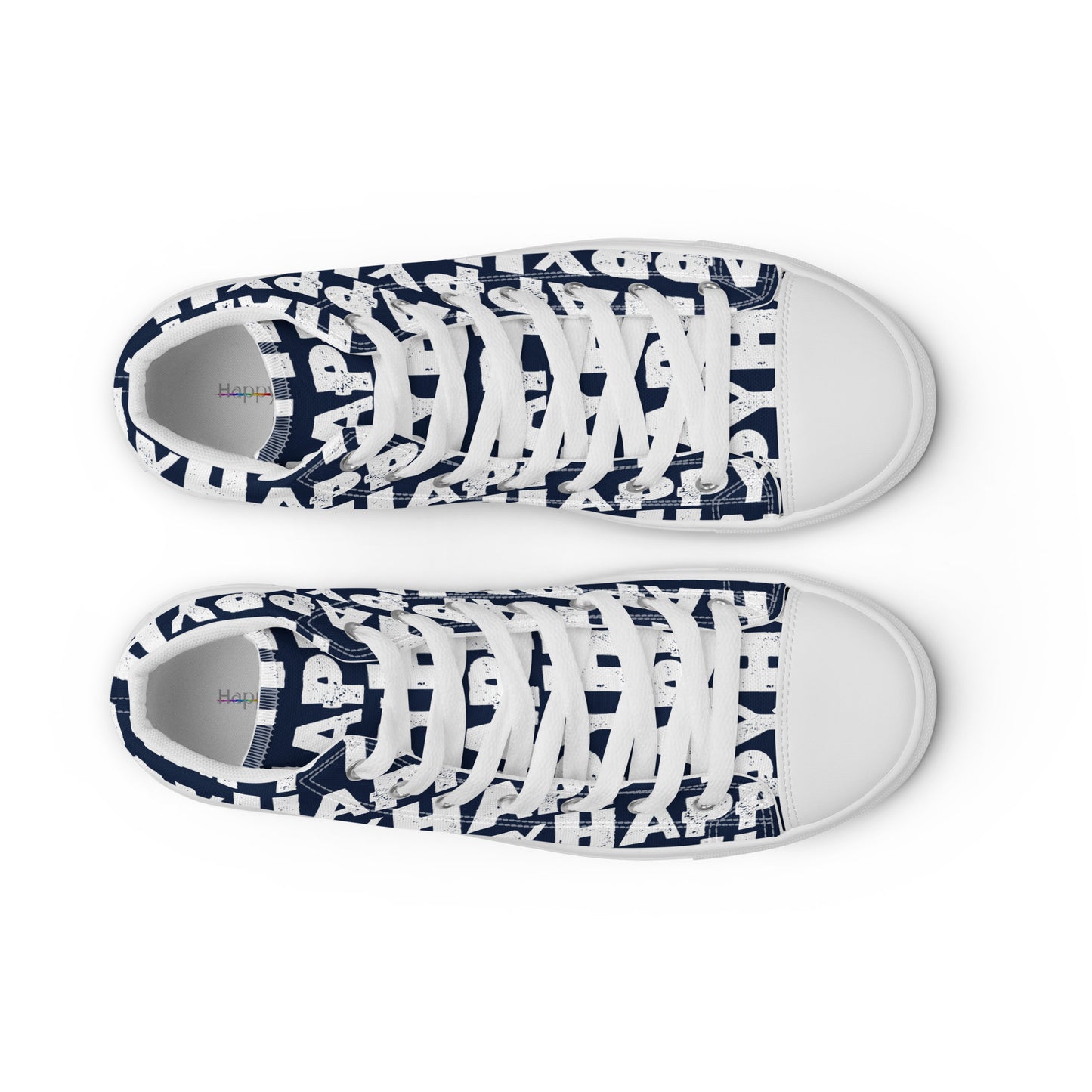 Top view Womens Sneakers navy blue shoes with white Happy Sponge Print High Tops Faux Leather toe cap Fun Shoes HappyStuff brand