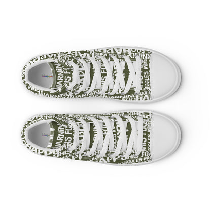 Women's High Tops "Warning This Foot Jiggles When Happy" Painted All Over Canvas Khaki Green Sneakers