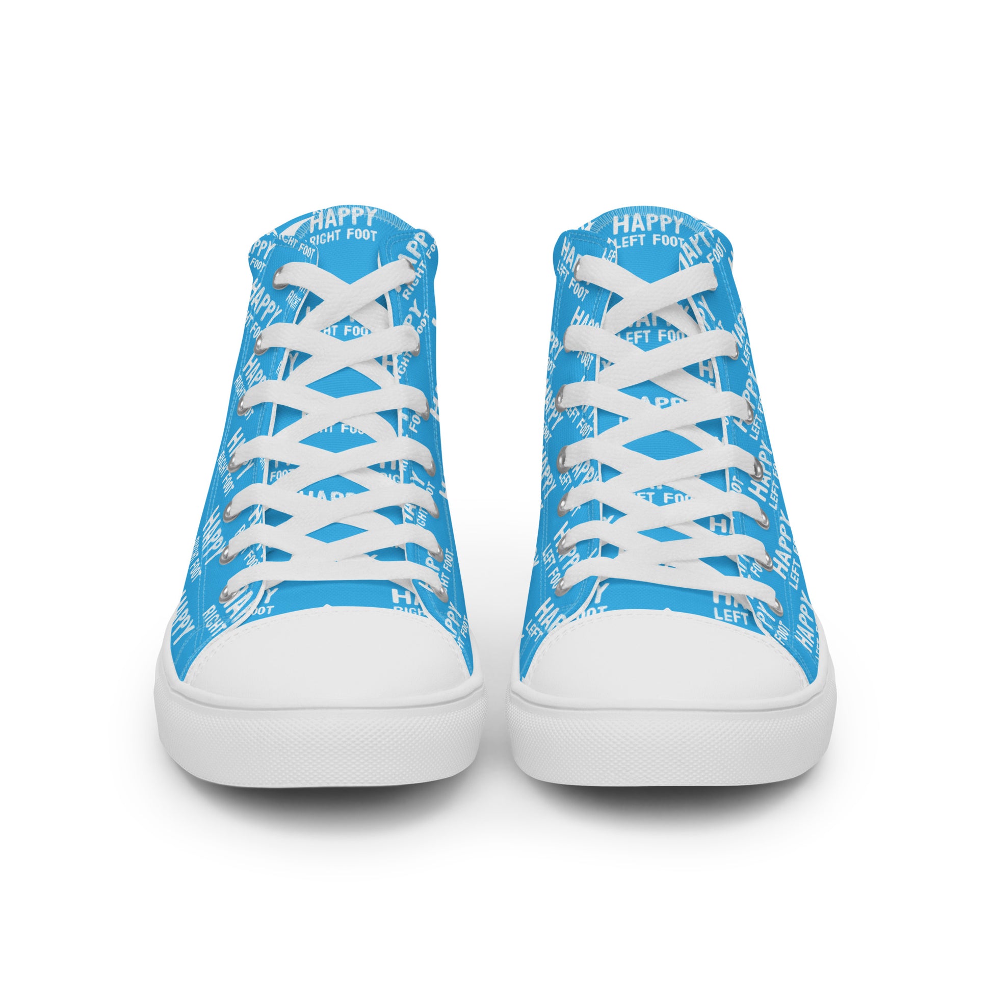 Front view laced up womens sneakers HappyStuff blue high tops Happy Left Foot Happy Right Foot Pattern Print each on relevant shoe