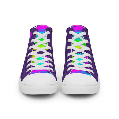 Front view laced up womens sneakers HappyStuff purple high tops rainbow shoes Happy Rainbow Painted bright colour spectrum print