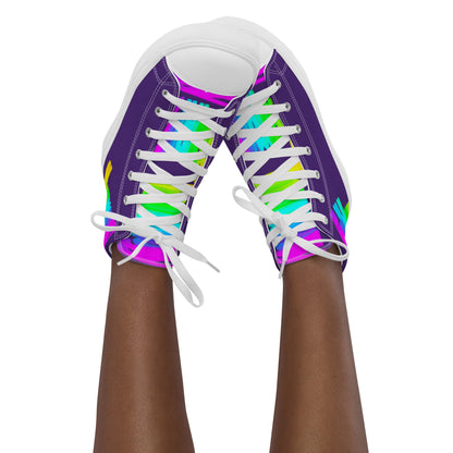 Feet in the air wearing womens sneakers tapping toes of her Happy Rainbow Painted bright colour spectrum print purple high tops