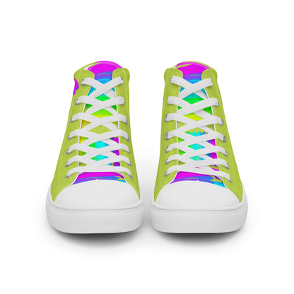 Front view laced up womens sneakers HappyStuff green high tops rainbow shoes Happy Rainbow Painted bright colour spectrum print