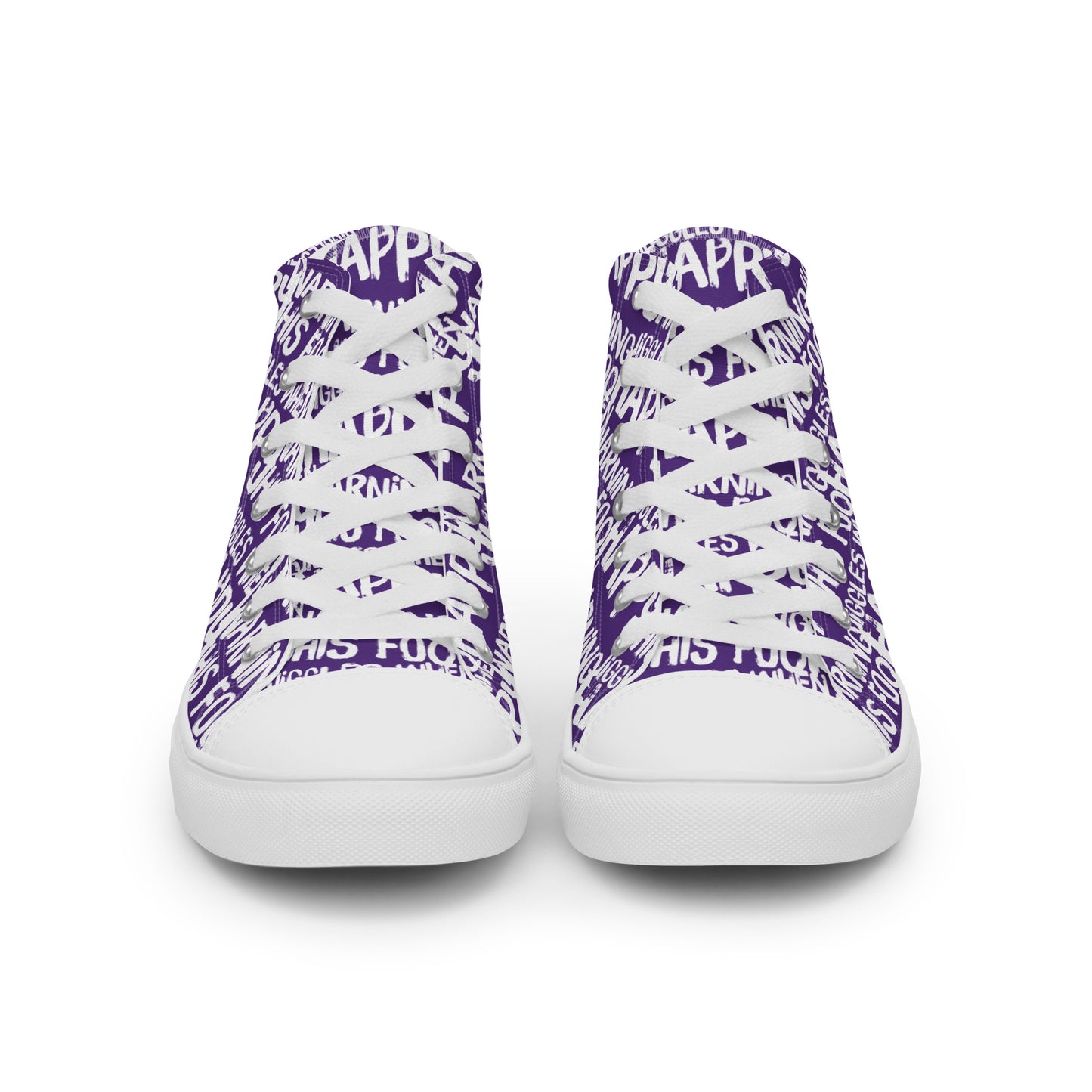 Front view laced up womens sneakers HappyStuff purple high tops with playful white print Warning This Foot Jiggles When Happy