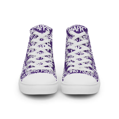 Front view laced up womens sneakers HappyStuff purple high tops with playful white print Warning This Foot Jiggles When Happy