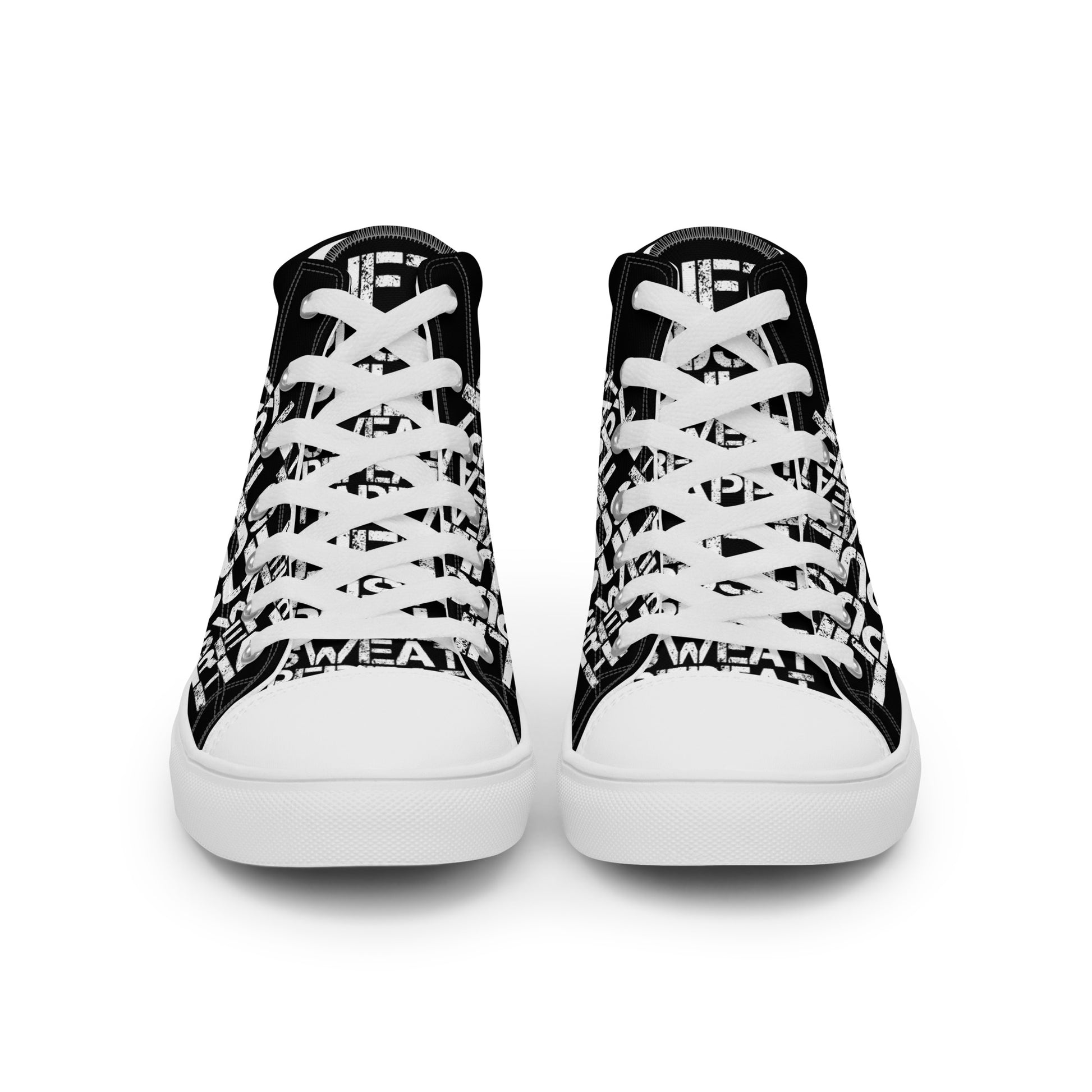 Front view laced up womens sneakers HappyStuff black high tops lift push pull sweat repeat happy distress print gym shoe