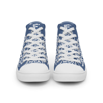 Front view laced up womens sneakers HappyStuff denim blue high tops lift push pull sweat repeat happy distress print gym shoe