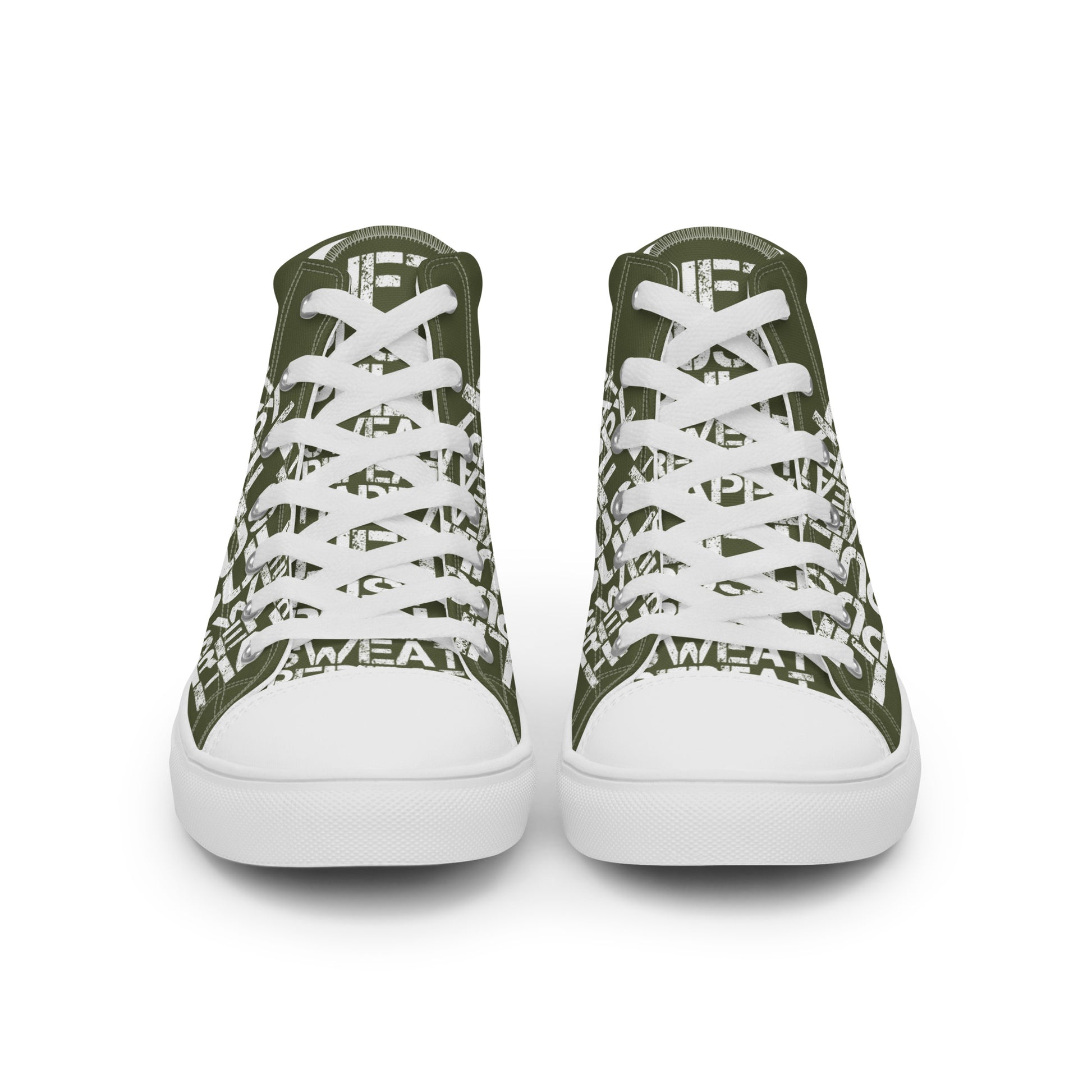 Front view laced up womens sneakers HappyStuff khaki green high tops lift push pull sweat repeat happy distress print gym shoe