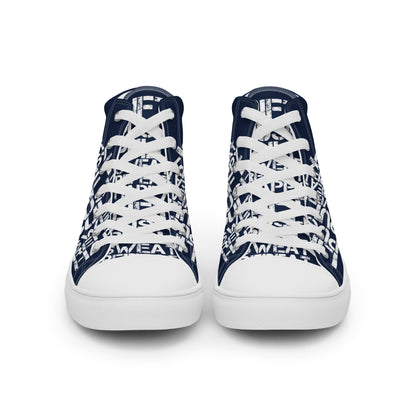 Front view laced up womens sneakers HappyStuff navy blue high tops lift push pull sweat repeat happy distress print gym shoe