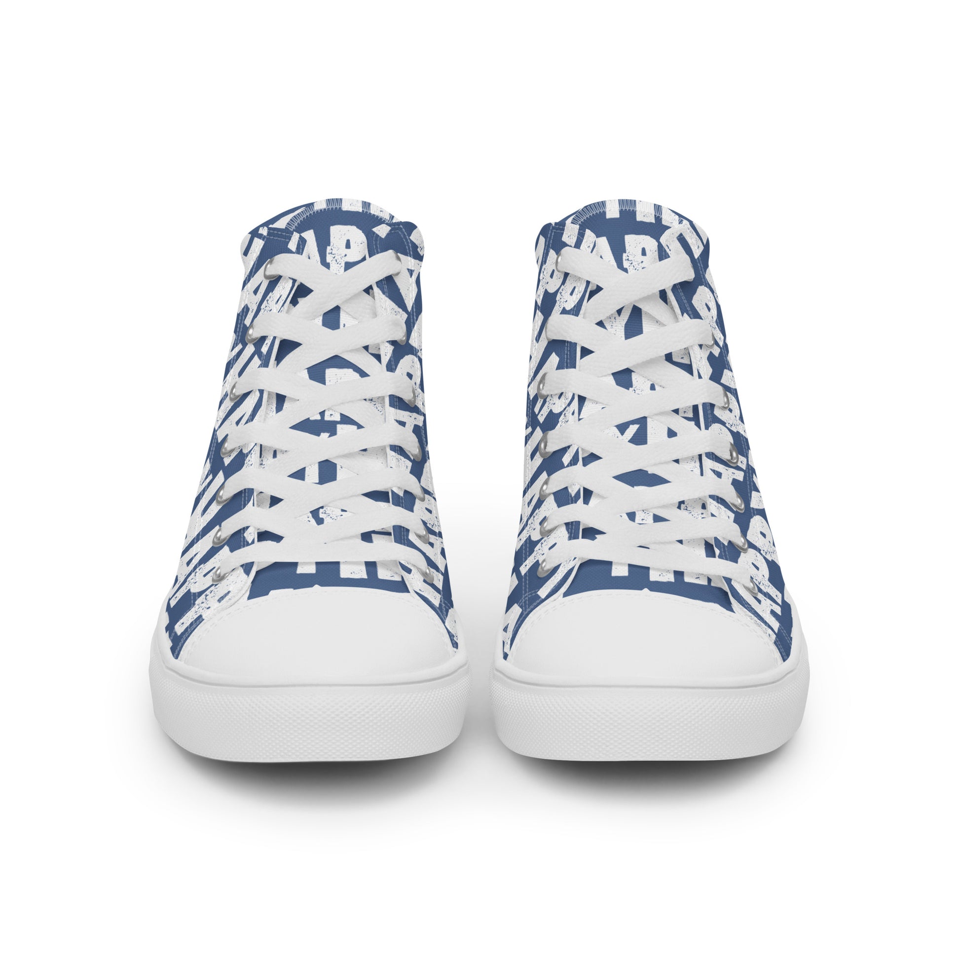 Front view Womens Sneakers denim blue shoes white Happy Sponge Print High Tops Rubber outsole Faux Leather toe cap HappyStuff brand