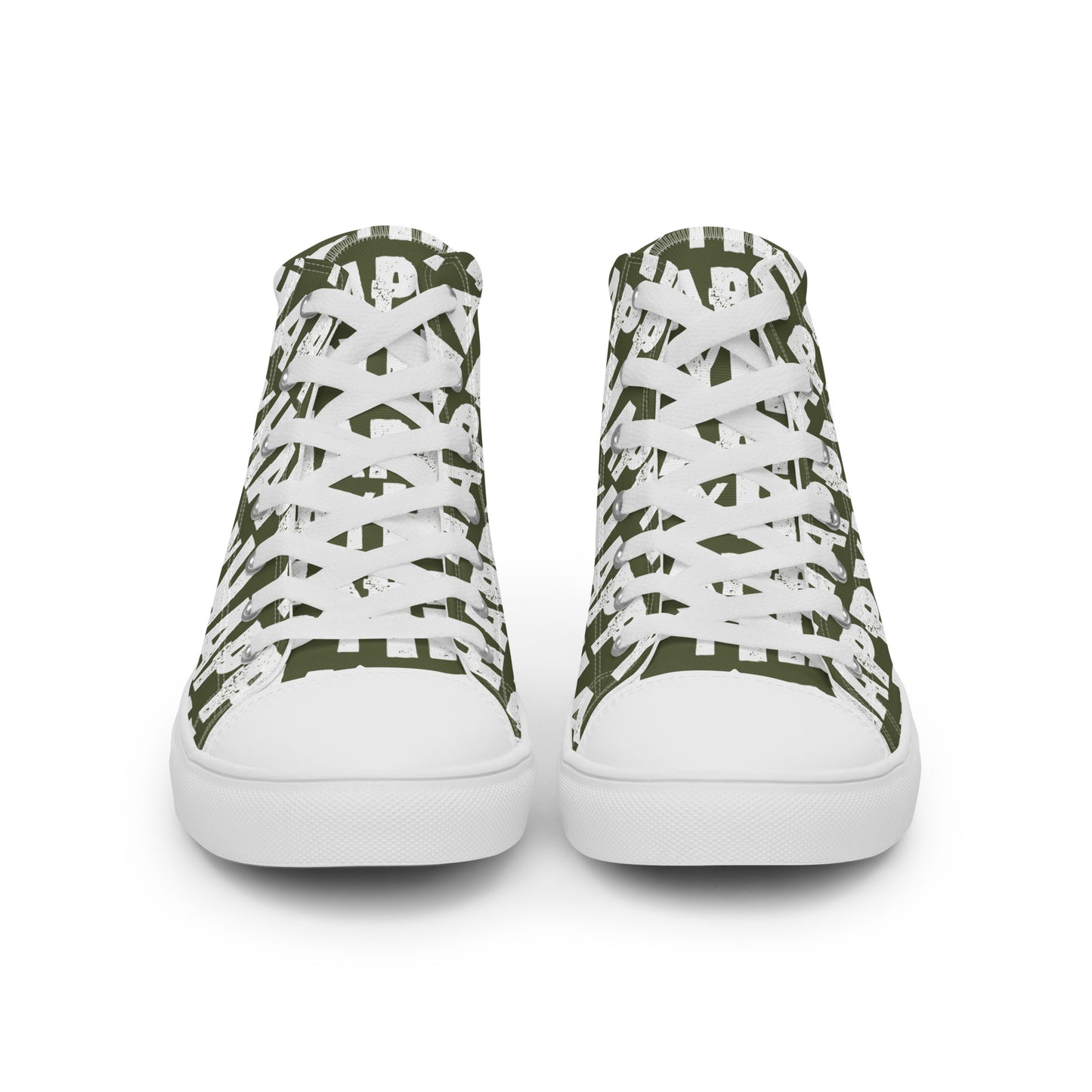 Front view Womens Sneakers khaki green shoes white Happy Sponge Print High Tops Rubber outsole Faux Leather toe cap HappyStuff brand