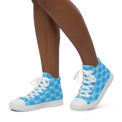 Walking left in womens HappyStuff high tops blue canvas sneakers Happy Left Foot Happy Right Foot Pattern Print each on relevant shoe