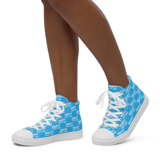 Walking left in womens HappyStuff high tops blue canvas sneakers Happy Left Foot Happy Right Foot Pattern Print each on relevant shoe