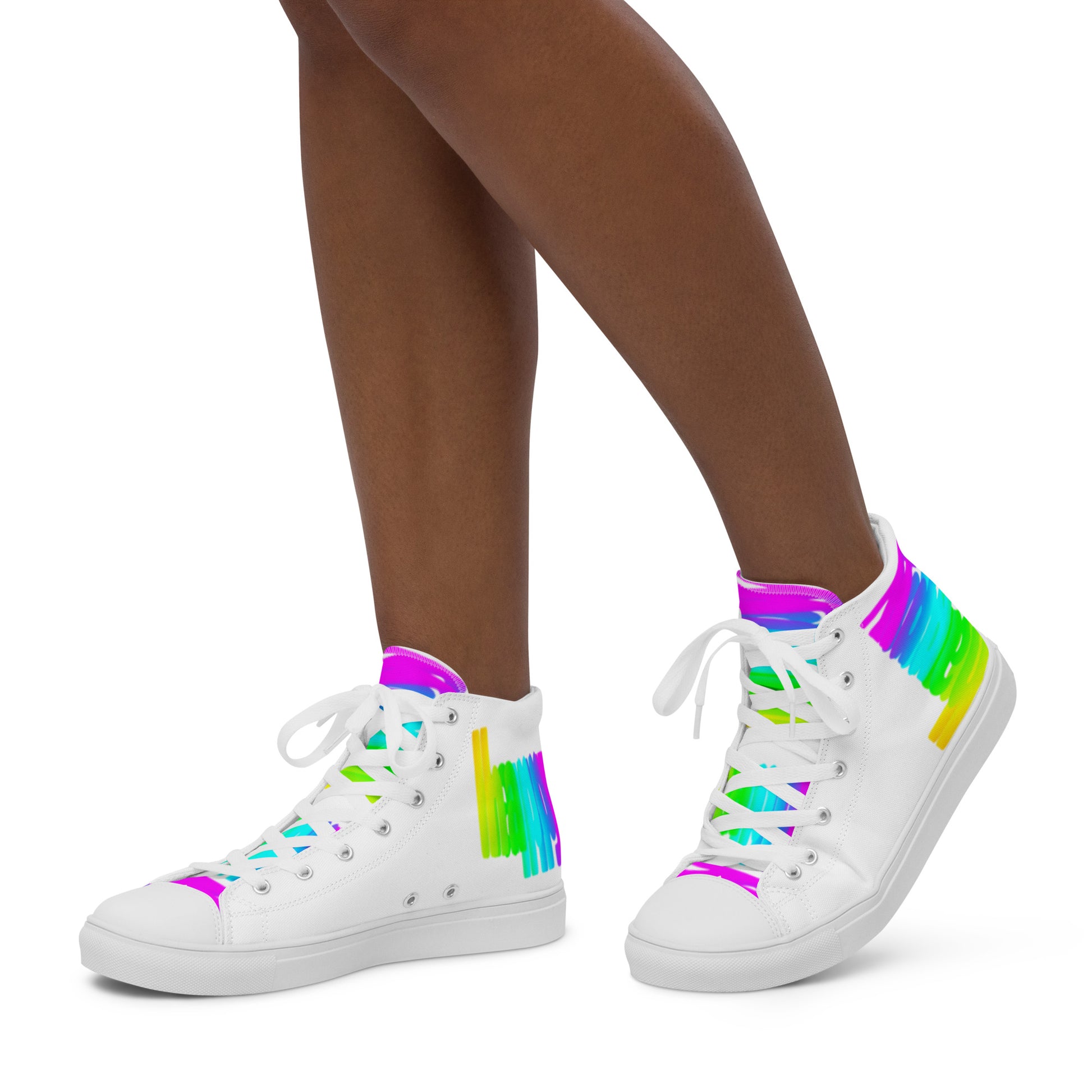 Walking left in womens sneakers HappyStuff rainbow shoes white high tops with Happy Rainbow Painted bright colour spectrum print