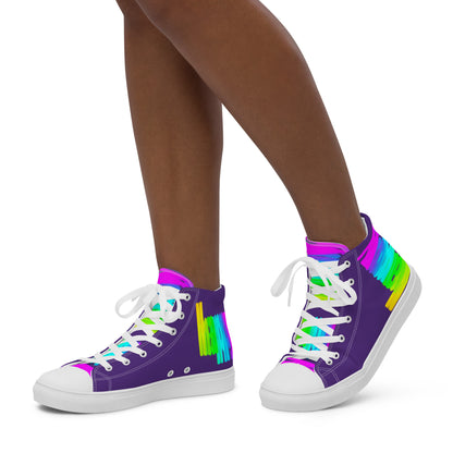 Walking left in womens sneakers HappyStuff rainbow shoes purple high tops with Happy Rainbow Painted bright colour spectrum print