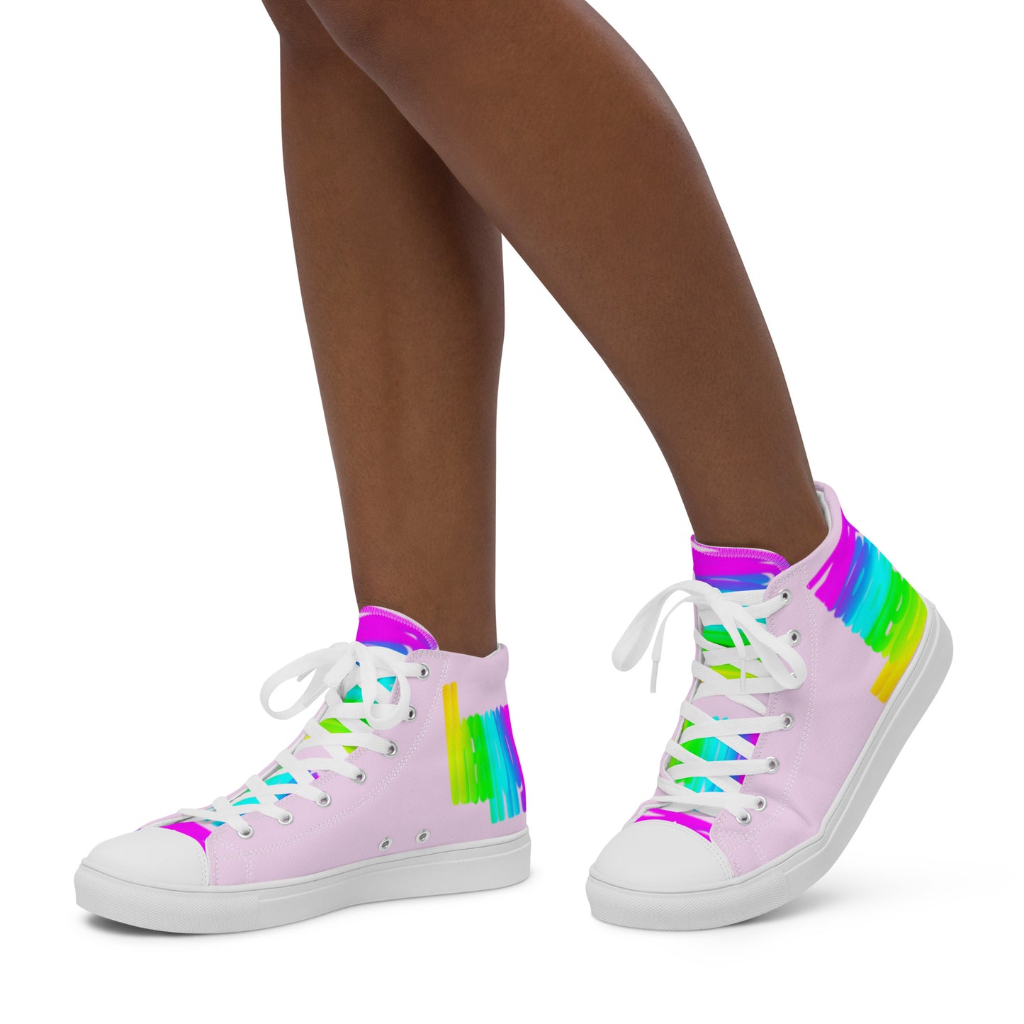 Walking left in womens sneakers HappyStuff rainbow shoes pink high tops with Happy Rainbow Painted bright colour spectrum print