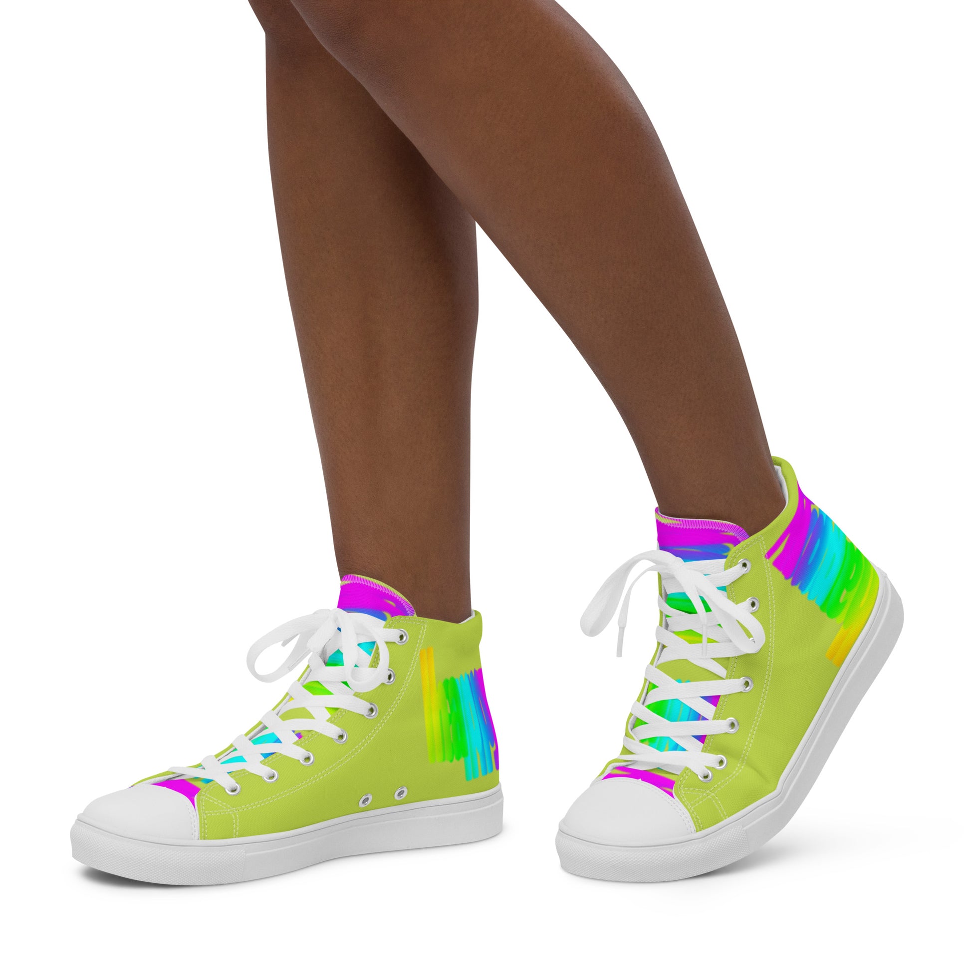 Walking left in womens sneakers HappyStuff rainbow shoes green high tops with Happy Rainbow Painted bright colour spectrum print