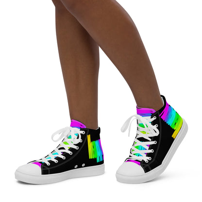 Walking left in womens sneakers HappyStuff rainbow shoes black high tops with Happy Rainbow Painted bright colour spectrum print