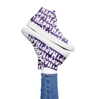 Womans right foot propping up a Happy Sponge Printed High Top Sneaker balancing left HappyStuff fun purple and white shoes