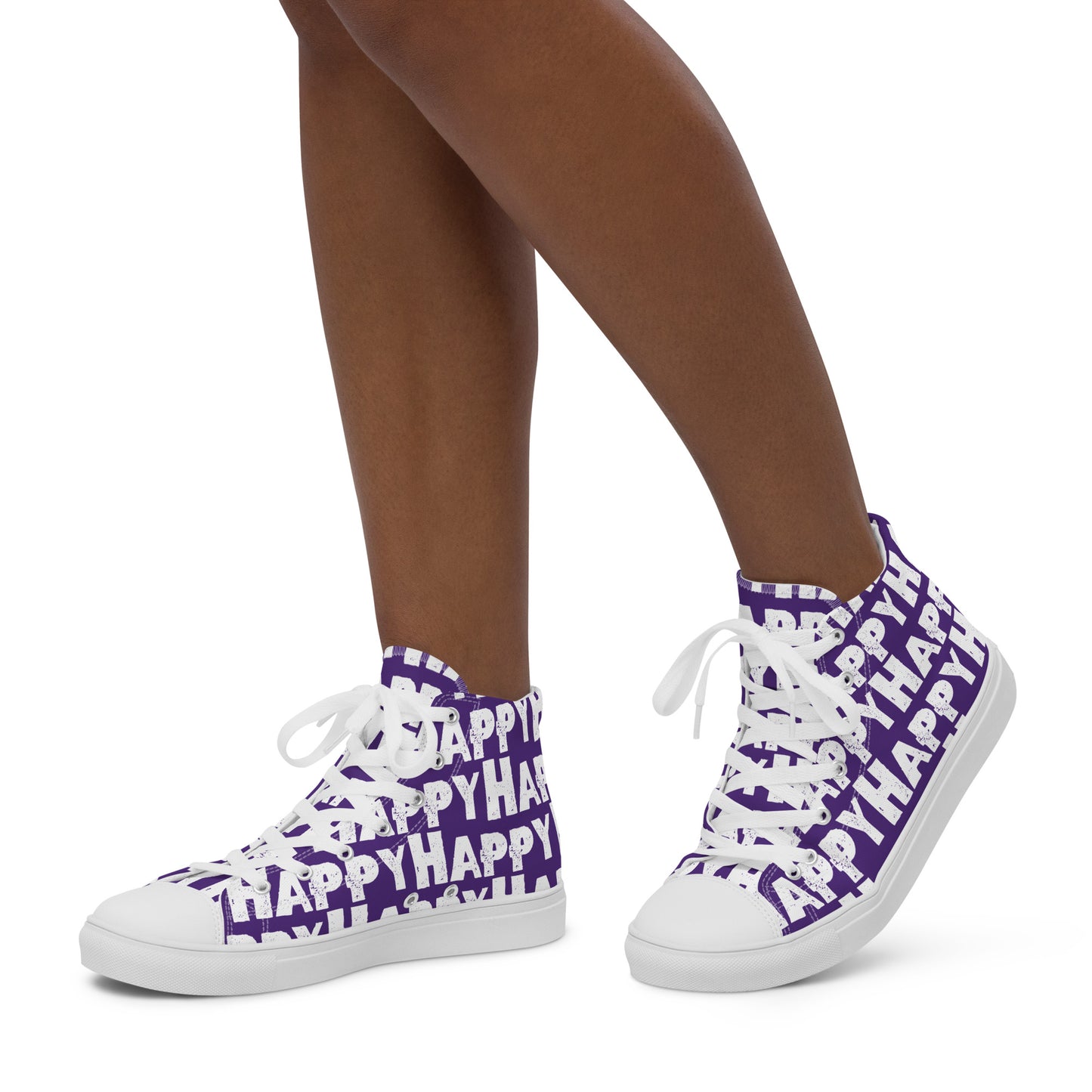 Womans feet walking in happy shoes Happy sponge printed high top canvas sneakers purple and white shoes HappyStuff brand