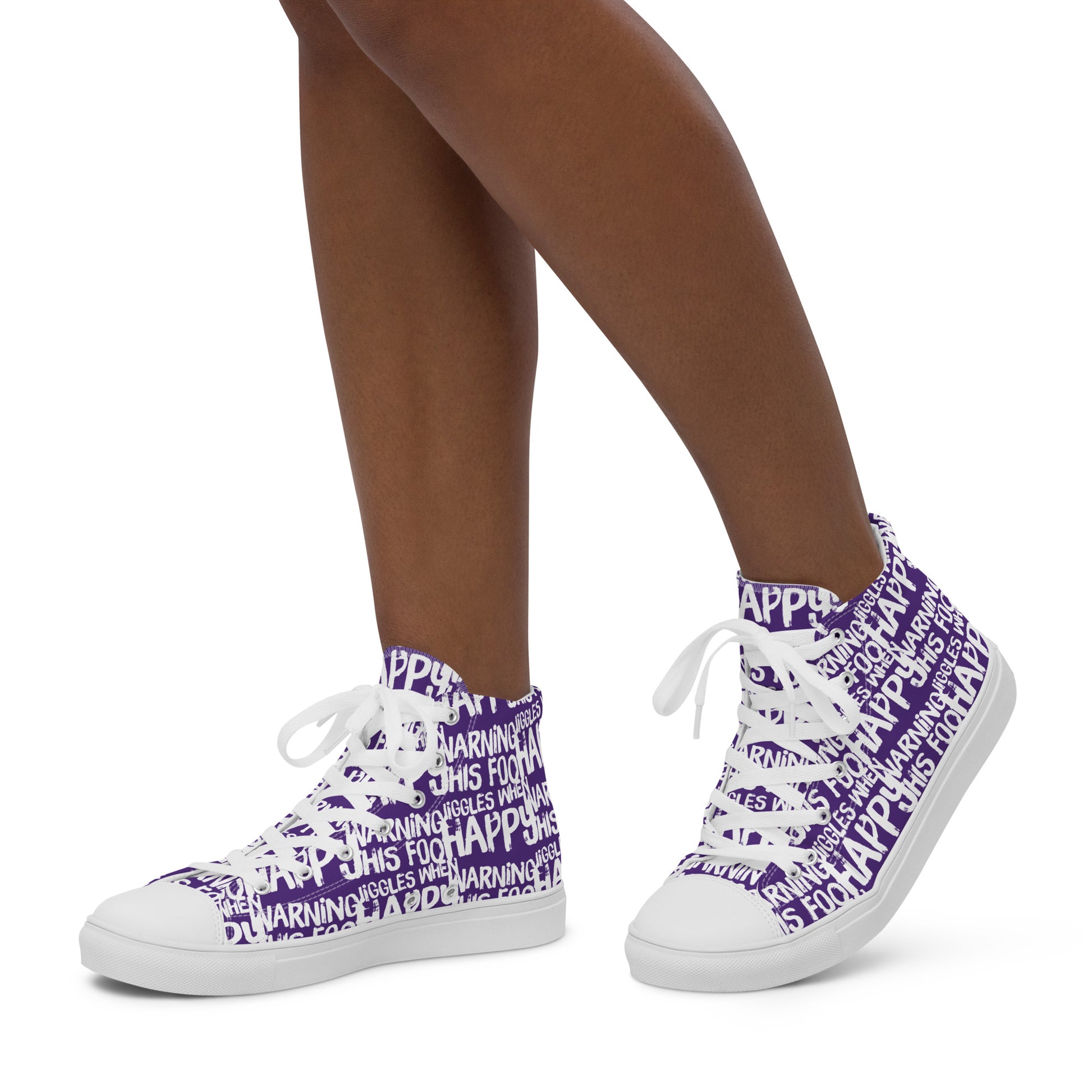 Womans feet walking in HappyStuff brand high top sneakers playful purple and white print Warning This Foot Jiggles When Happy