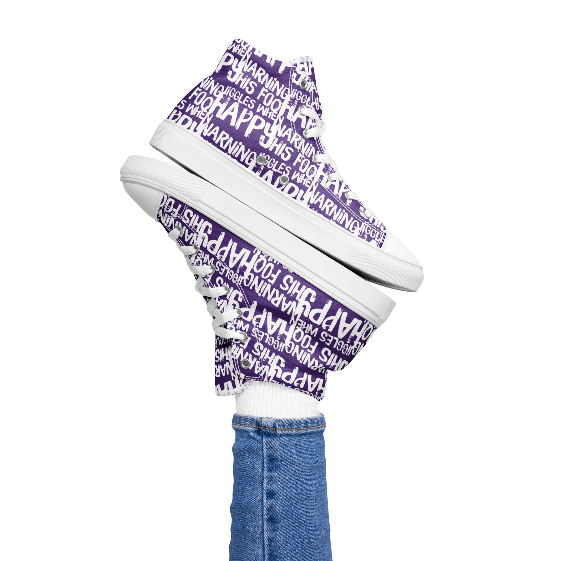 HappyStuff playful purple and white print high tops Warning This Foot Jiggles When Happy Right foot balancing left sneaker