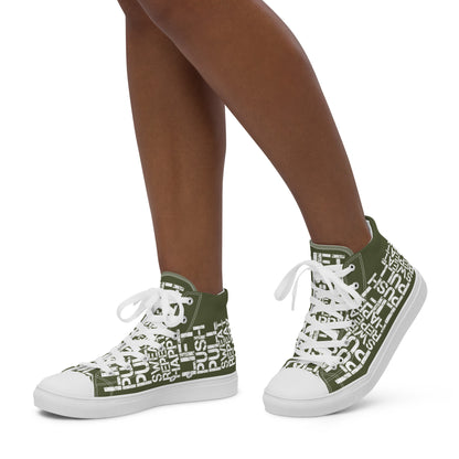 Walking left in womens HappyStuff high tops khaki green canvas sneakers lift push pull sweat repeat happy distress print gym shoe