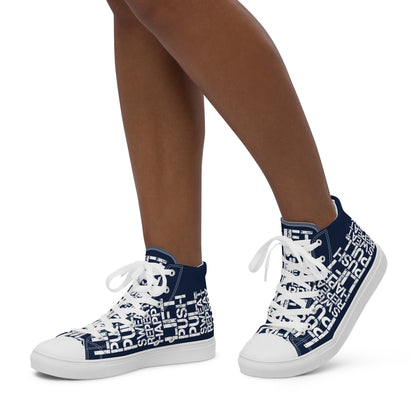 Walking left in womens HappyStuff high tops navy blue canvas sneakers lift push pull sweat repeat happy distress print gym shoe