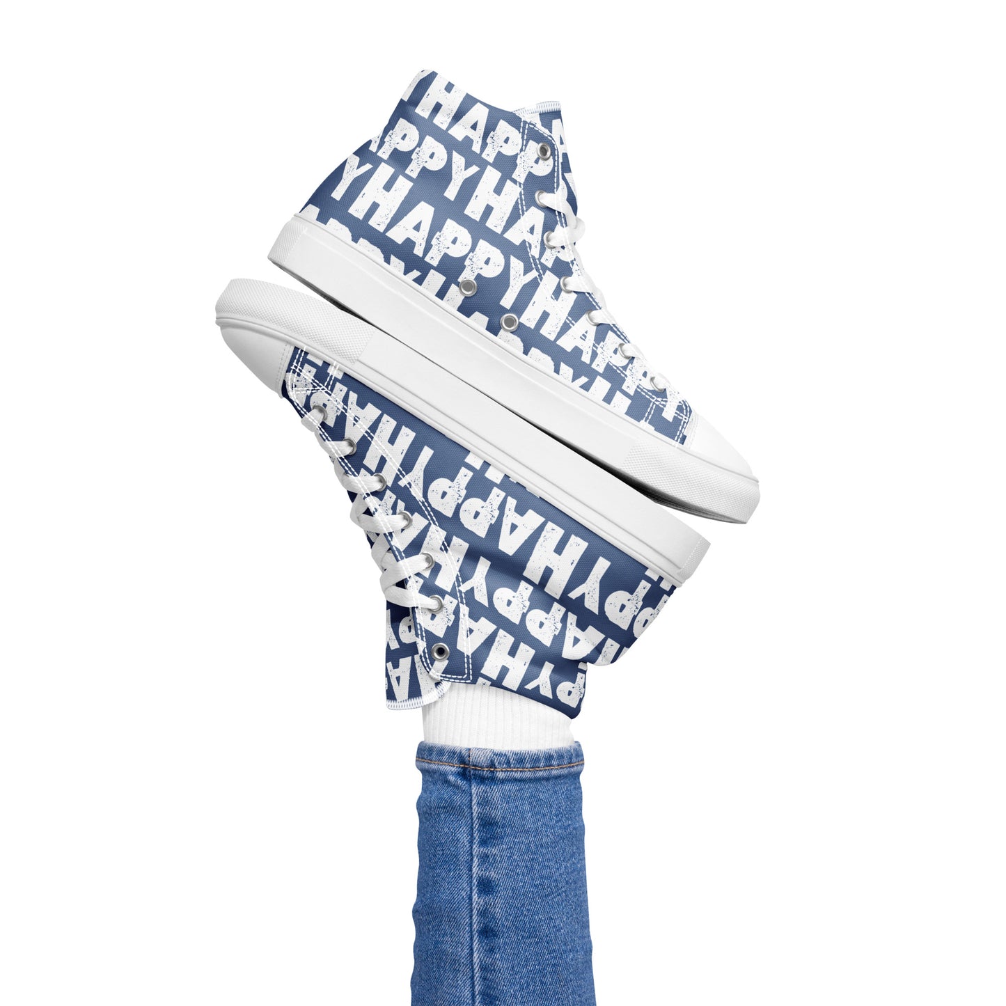 Womans right foot propping up a Happy Sponge Printed High Top Sneaker balancing left HappyStuff fun denim blue and white shoes