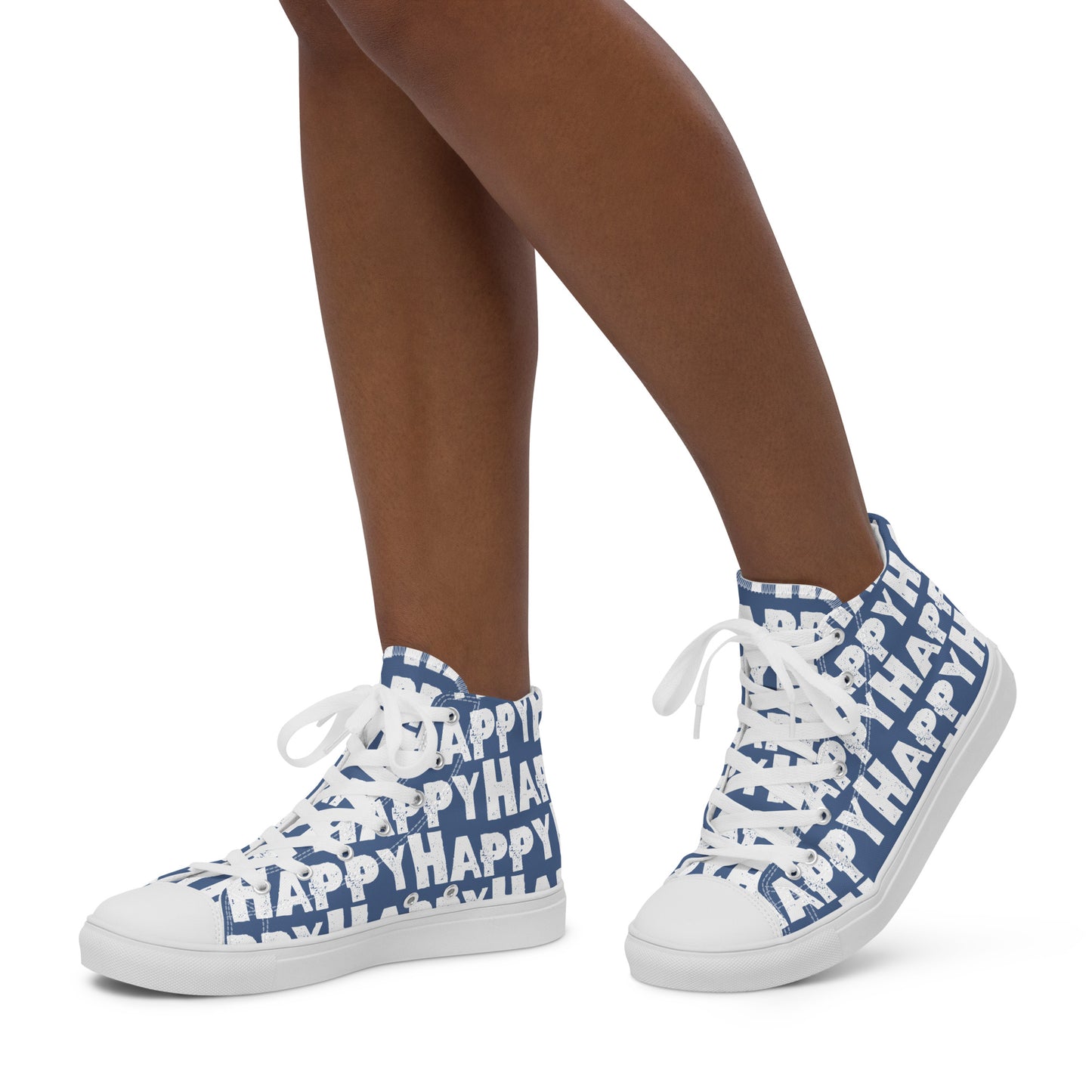 Womans feet walking in happy shoes Happy sponge printed high top canvas sneakers denim blue and white shoes HappyStuff brand