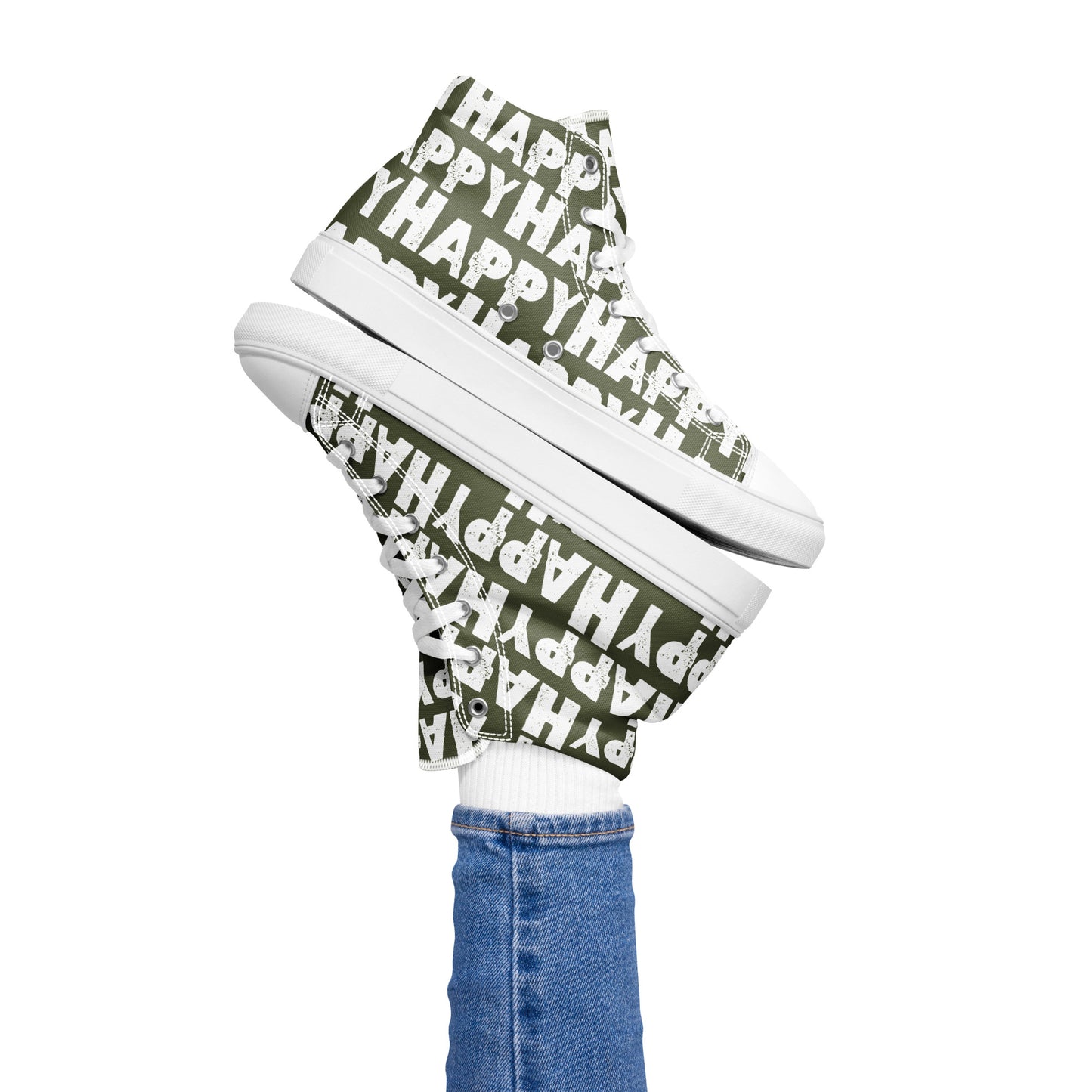 Womans right foot propping up a Happy Sponge Printed High Top Sneaker balancing left HappyStuff fun khaki green and white shoes