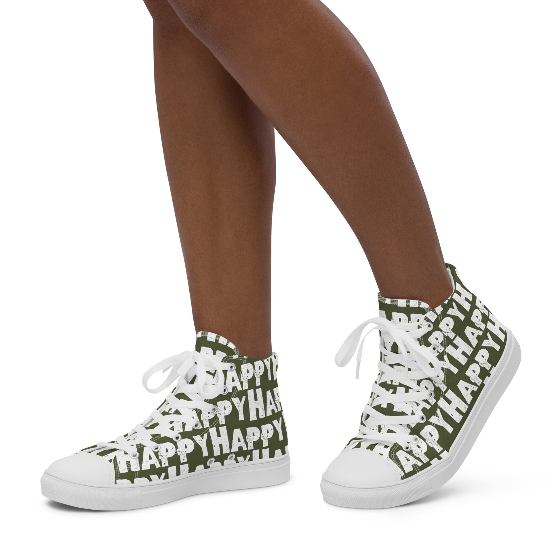 Womans feet walking in happy shoes Happy sponge printed high top canvas sneakers khaki green and white shoes HappyStuff brand