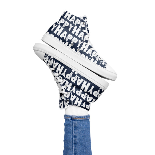 Womans right foot propping up a Happy Sponge Printed High Top Sneaker balancing left HappyStuff fun navy blue and white shoes