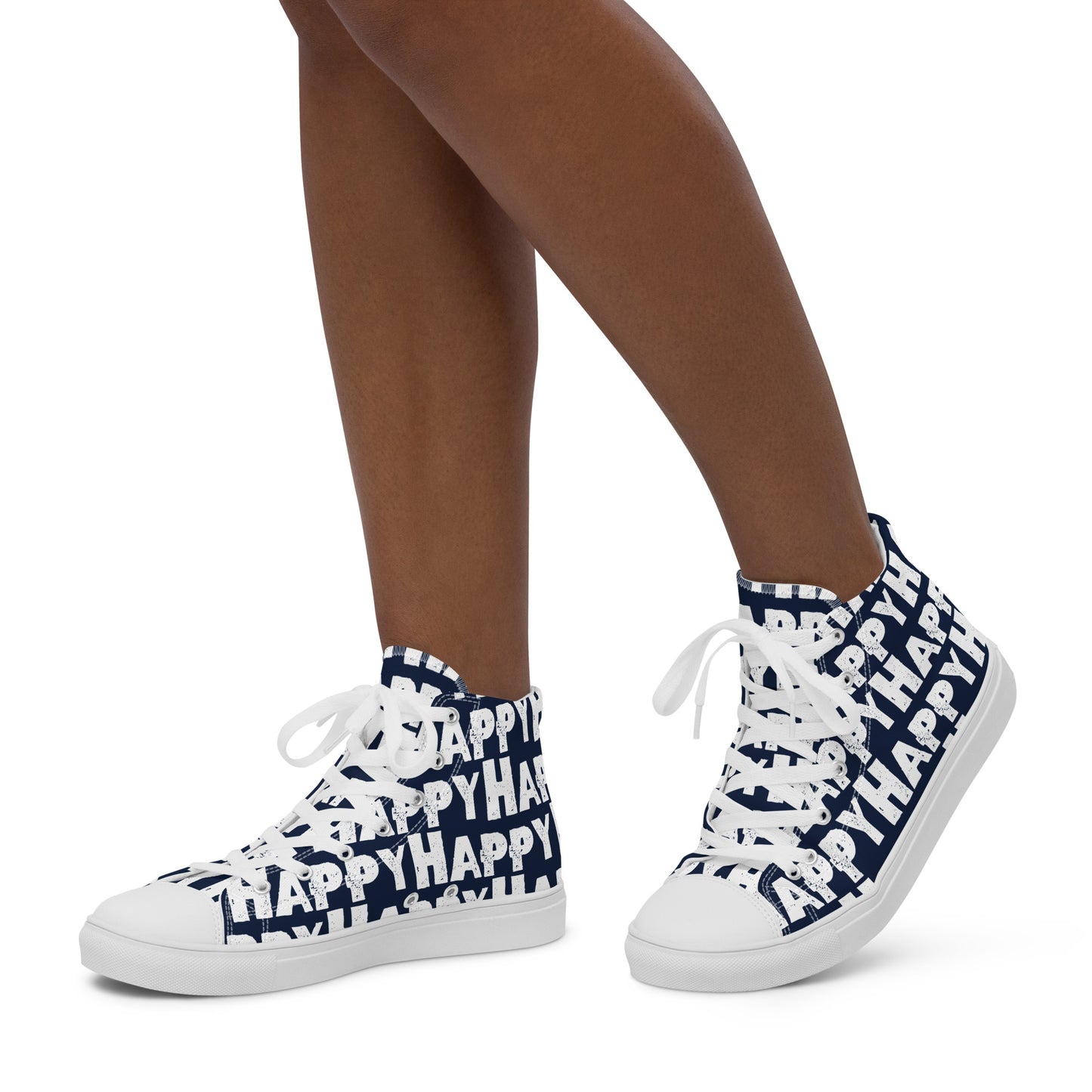 Womans feet walking in happy shoes Happy sponge printed high top canvas sneakers navy blue and white shoes HappyStuff brand