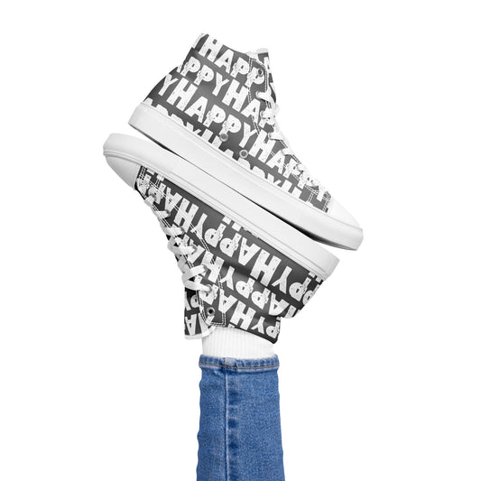 Womans right foot propping up a Happy Sponge Printed High Top Sneaker balancing left HappyStuff fun slate grey and white shoes