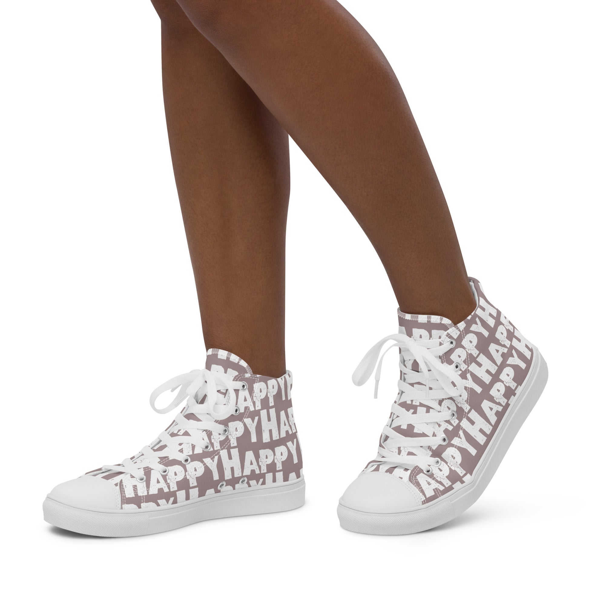 Womans feet walking in happy shoes Happy sponge printed high top canvas sneakers taupe and white shoes HappyStuff brand