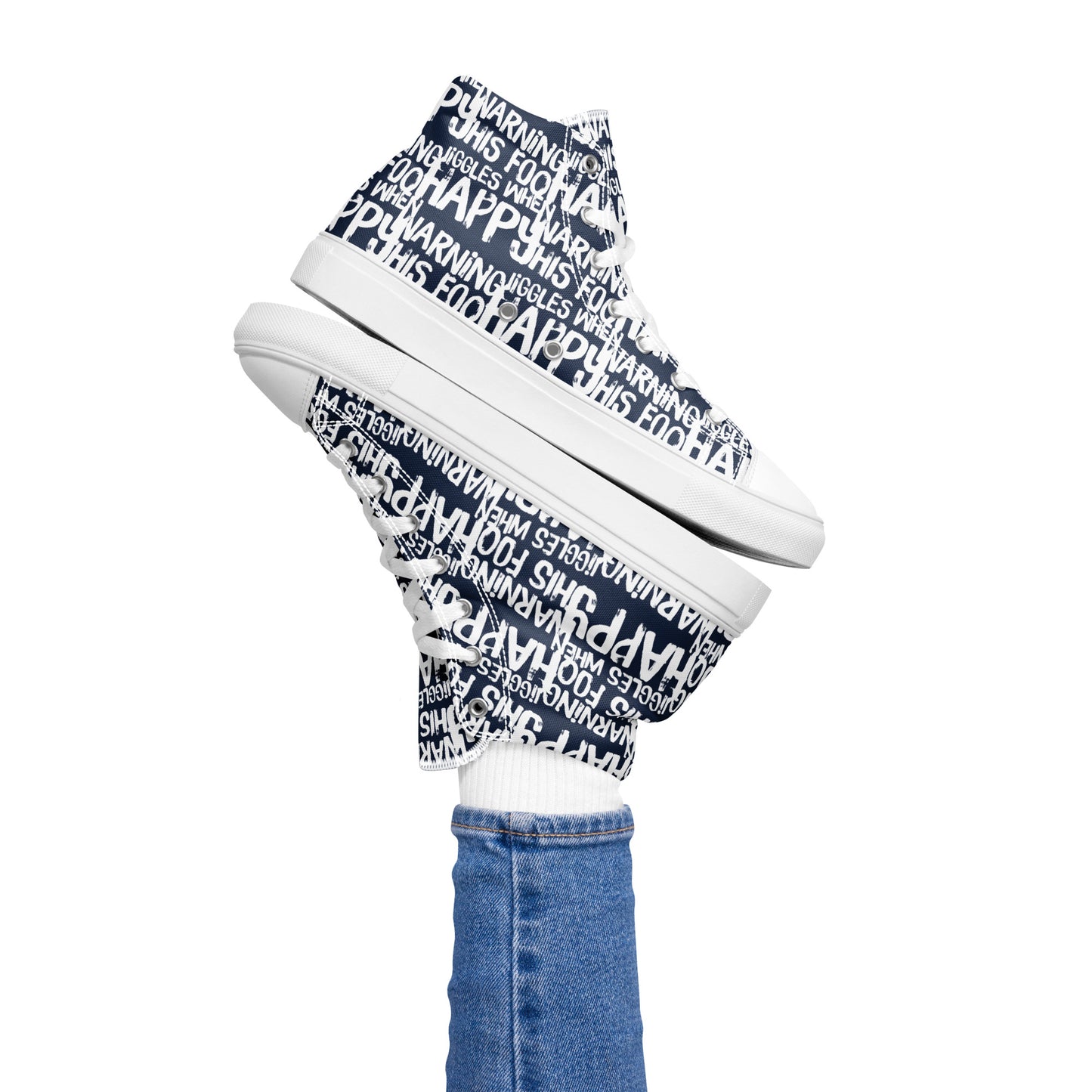 Women's High Tops "Warning This Foot Jiggles When Happy" Painted All Over Canvas Navy Blue Sneakers