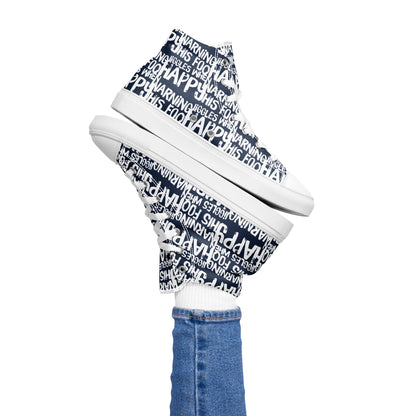 Women's High Tops "Warning This Foot Jiggles When Happy" Painted All Over Canvas Navy Blue Sneakers