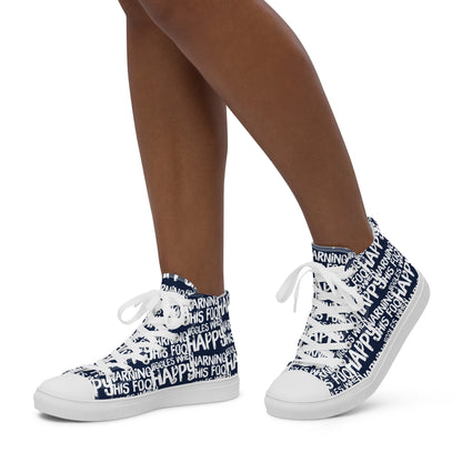 Women's High Tops "Warning This Foot Jiggles When Happy" Painted All Over Canvas Navy Blue Sneakers