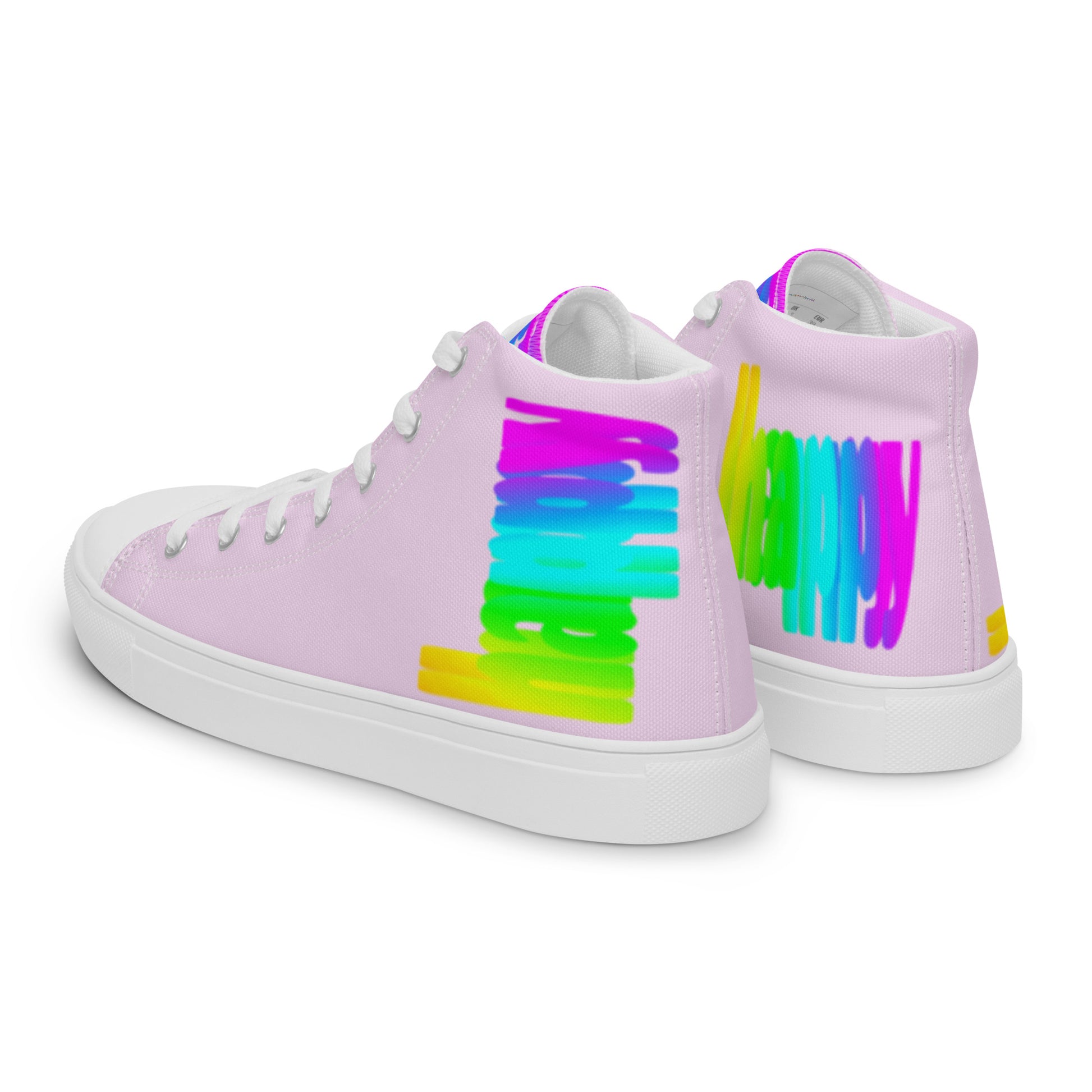 Womens sneakers side rear view HappyStuff pink high tops rainbow shoes Happy Rainbow Painted bright colour spectrum print