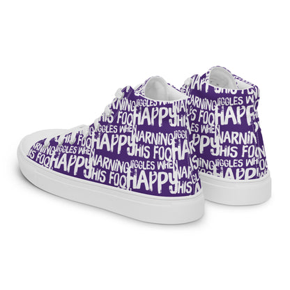 Womens sneakers side rear view HappyStuff purple high tops with playful white print Warning This Foot Jiggles When Happy