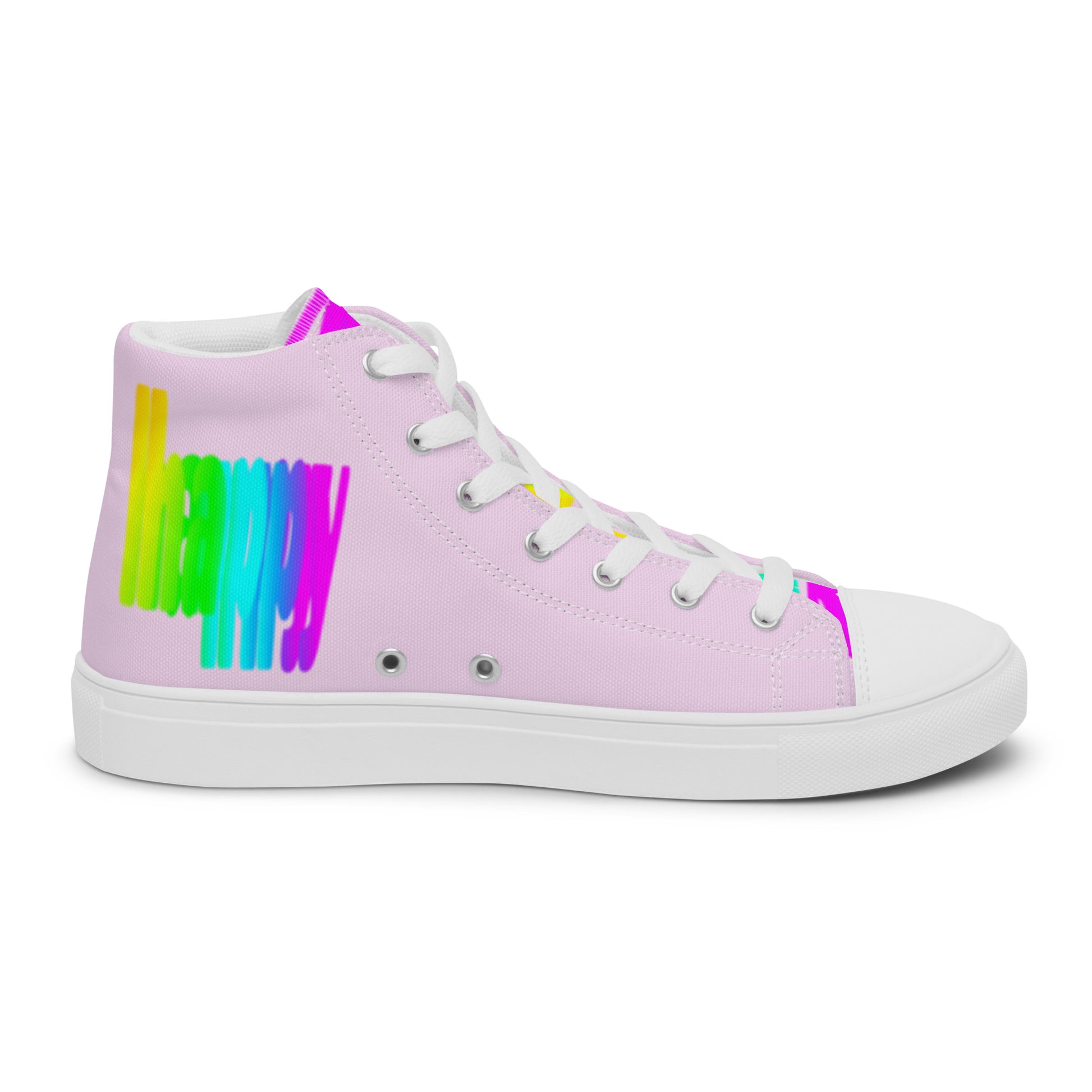 Rainbow shoes HappyStuff womens pink high top sneakers Happy Rainbow Painted Print bright colour spectrum left shoe inside view