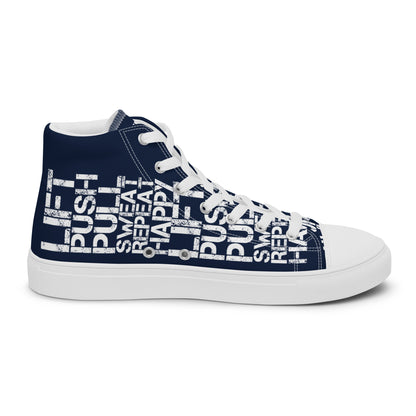 Left shoe inside view womens navy blue high top sneakers with white lift push pull sweat repeat happy distress print gym shoe HappyStuff brand